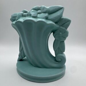 Vtg Haeger Vase Turquoise Aqua Art Pottery Matte Pansy Flower Cornucopia READ‎